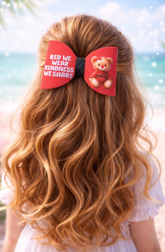 8 x Red Nose Day Theme Teddy 2026 in house  printed leatherette cut around bow loops 3.5”