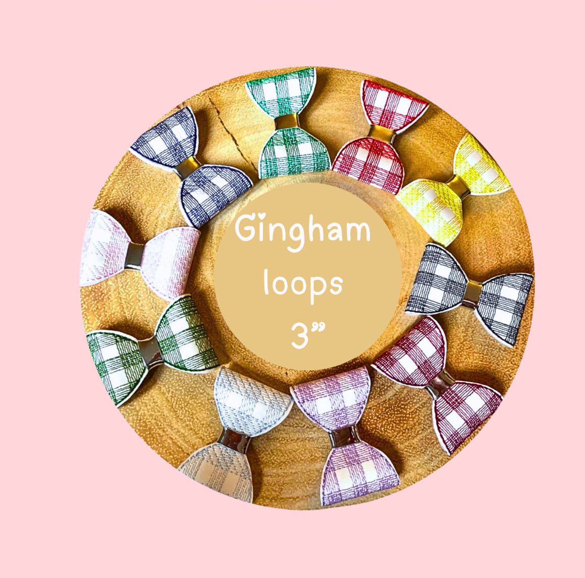 Gingham embroidery leatherette bow loops 3”