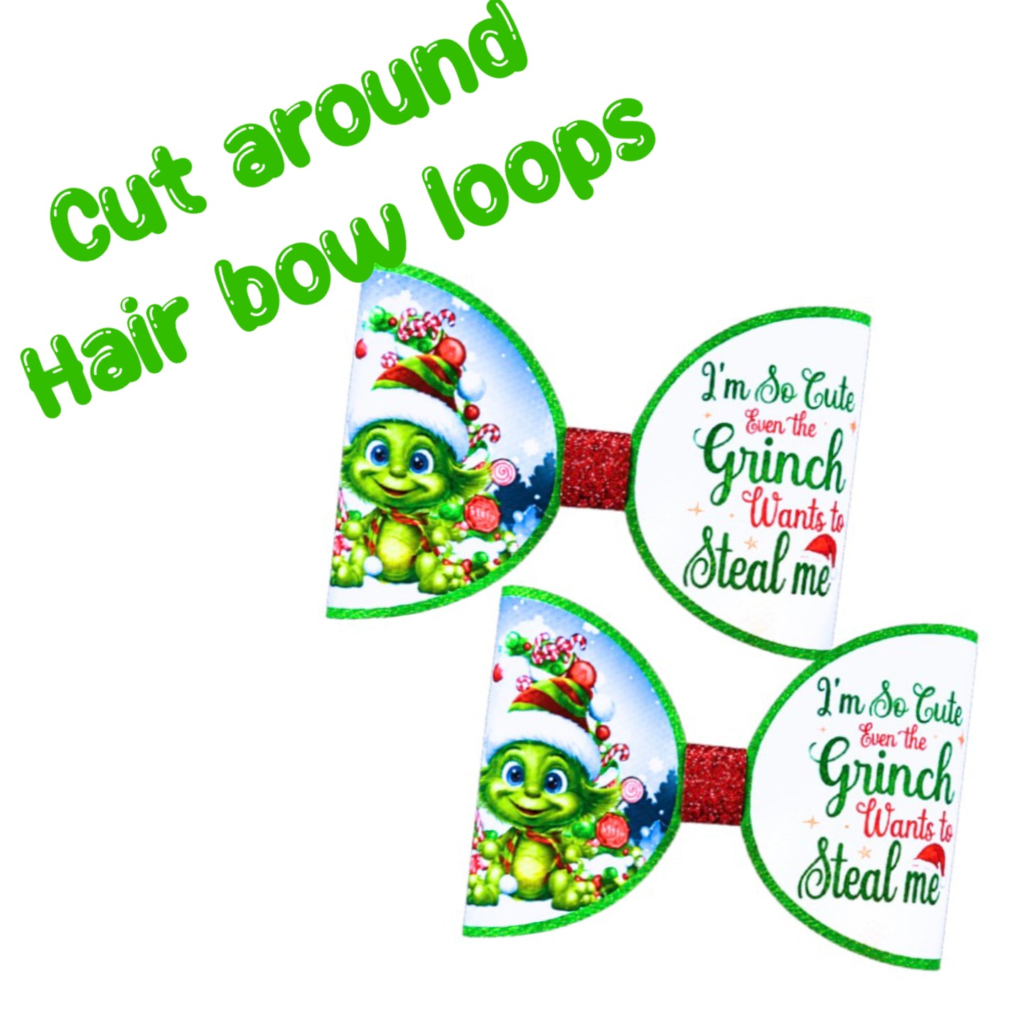 Christmas Grinchy printed canvas bow loops x 7