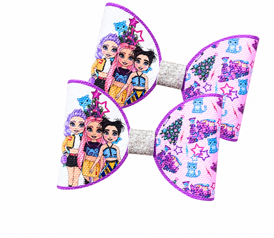 7 KPop Girls Christmas canvas cut around hair bow loops 3.5”
