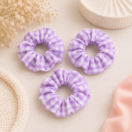 Lilac Gingham Bullet fabric scrunchies