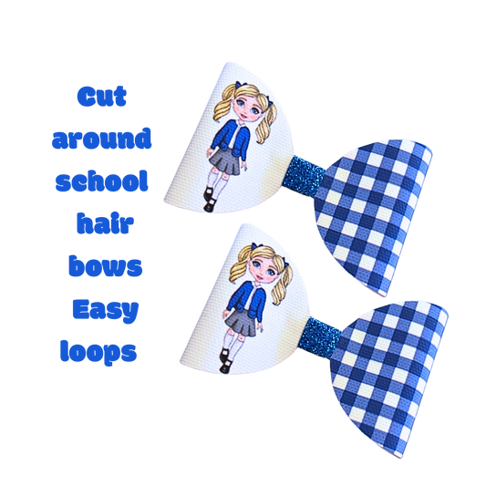 7 x Blue Gingham school girl Cut around bow loops 3.5"