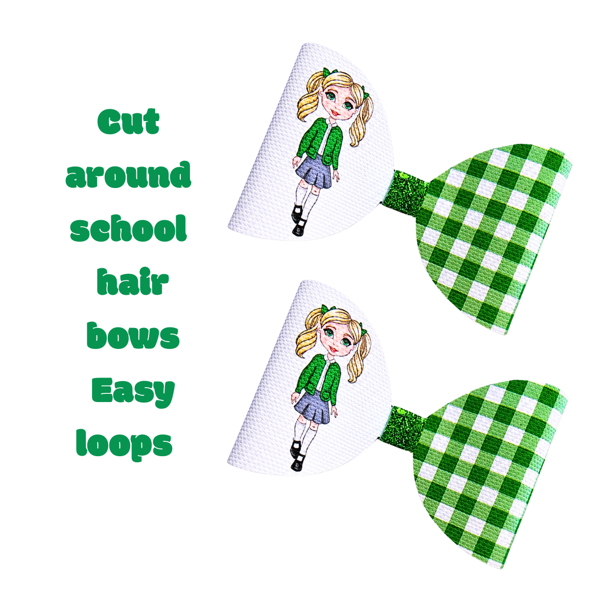 7 x Beautiful Green  Gingham school Girl printed 3.5”Leatherette bow loops