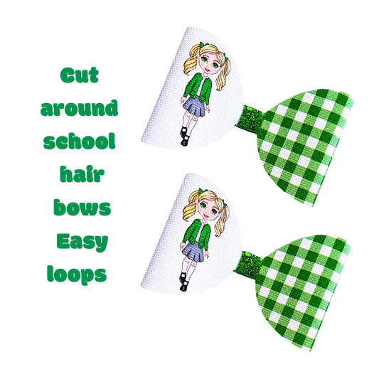 7 x Green Gingham school girl  canvas Cut around Bow loops 3.5”