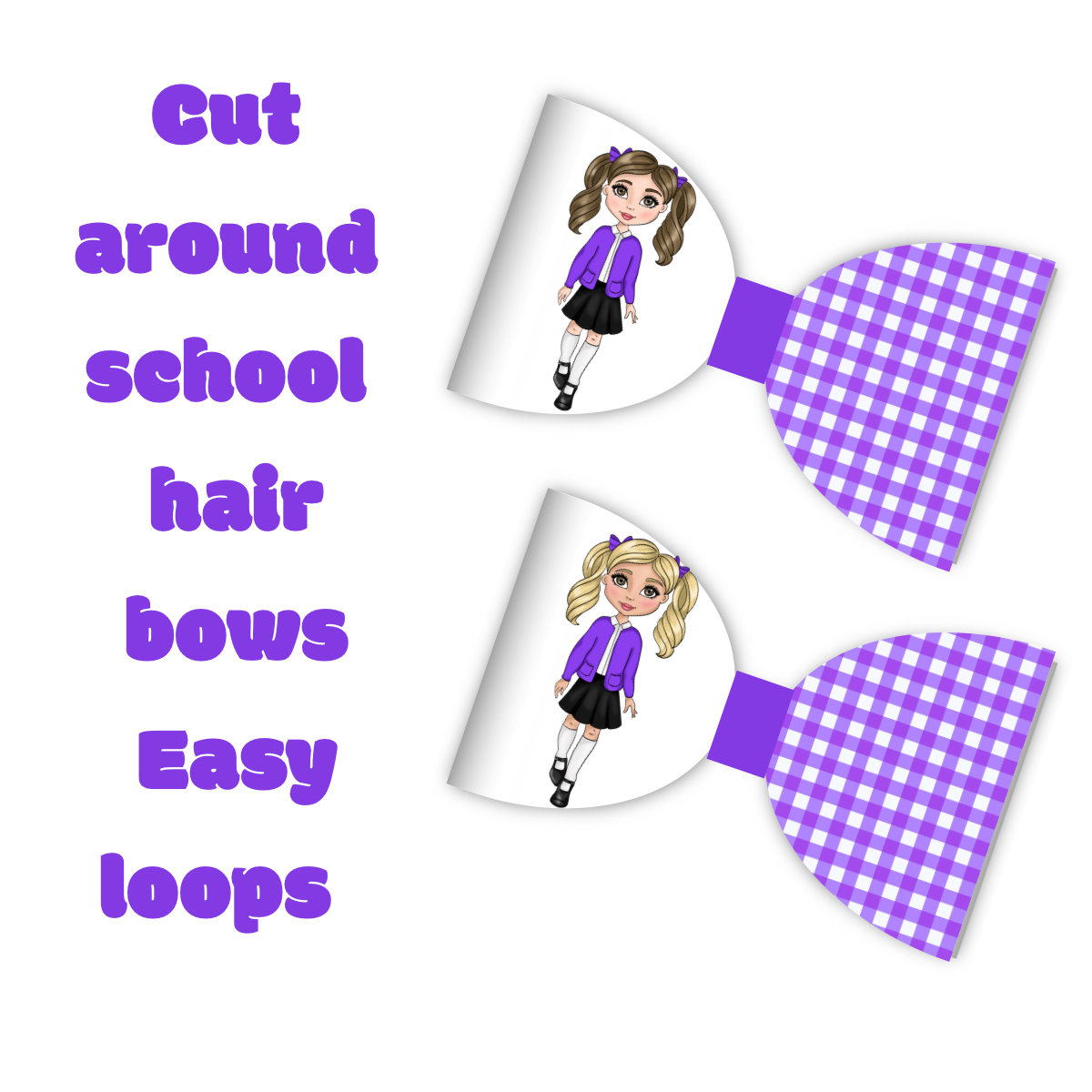7 x Purple Gingham school girl pre printed canvas bow hair bow loops 3.5”