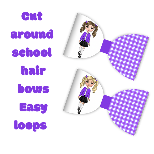 7 x Purple Gingham school girl pre printed canvas bow hair bow loops 3.5”