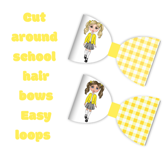 7 x Beautiful Yellow Gingham school Girl printed 3.5”Leatherette bow loops
