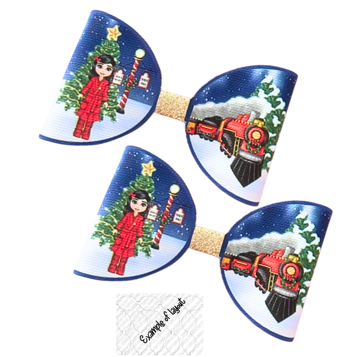 Christmas Train Pyjama Girl Cut around  hair bow loops 3.5” (leatherette or Canvas)