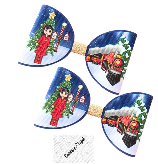 Christmas Train Pyjama Girl Cut around  hair bow loops 3.5” (leatherette or Canvas)