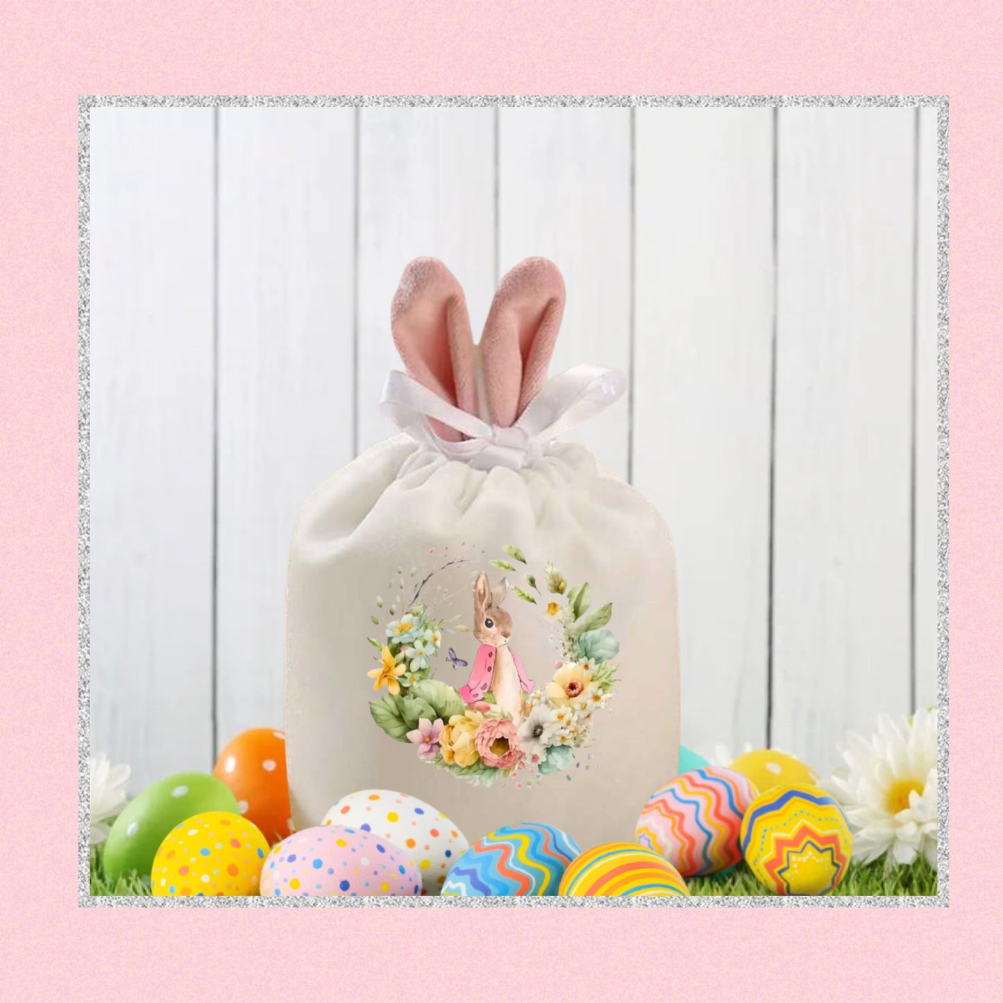 Easter Bunny Ear themed goody/display velvet drawstring Bag floral bunny wreath pattern