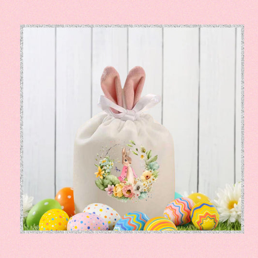 Easter Bunny Ear themed goody/display velvet drawstring Bag floral bunny wreath pattern