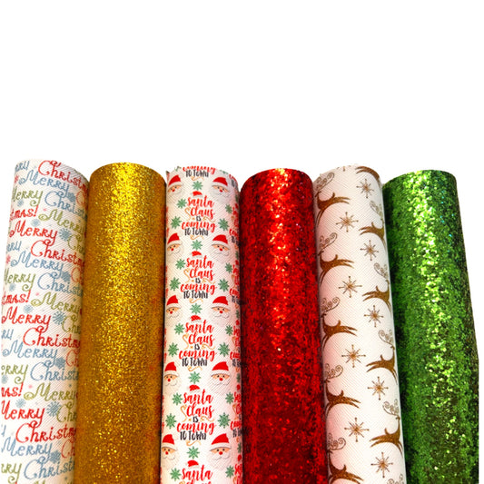 Christmas themed leatherette & chunky glitter fabric 6 piece set 34 x 21 cm