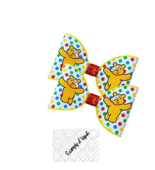 Pudsey inspired Dotty theme pre printed canvas bow loops x 7(Available in leatherette or canvas)