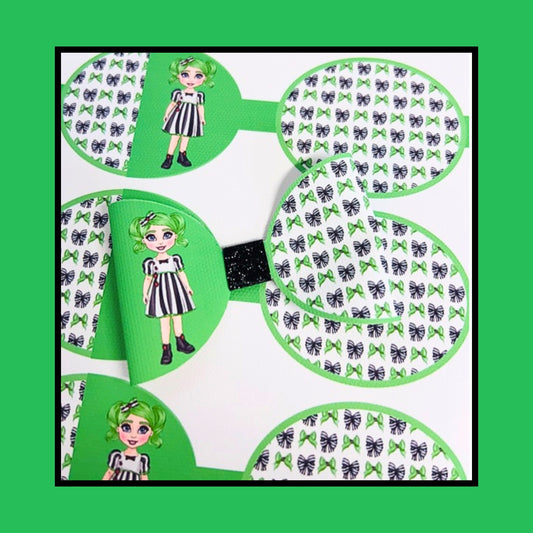 Beetle juice themed bug Dolly pre printed canvas hair bow loops x 7