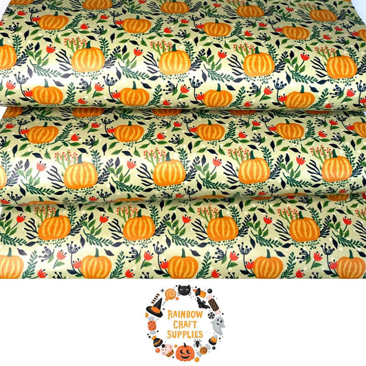 Autumn pumpkins patterned leatherette fabric