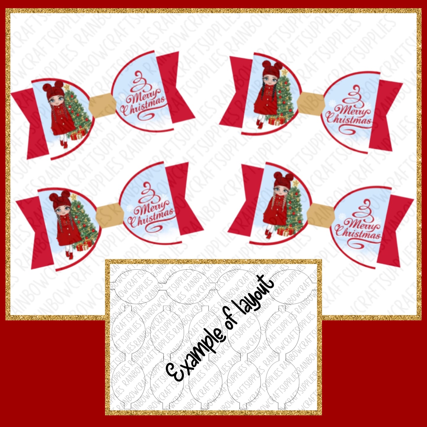 Christmas Winter girl 3.5”pre printed canvas hair bow loops x 7