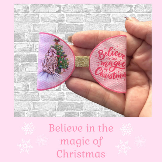 Believe in the magic of Christmas themed printed canvas bow loops x 7 pink