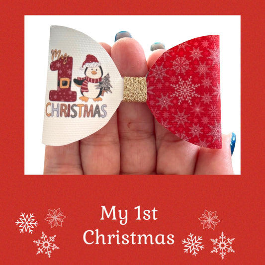 My 1st Christmas (penguin) pre printed canvas hair bow loops x 7