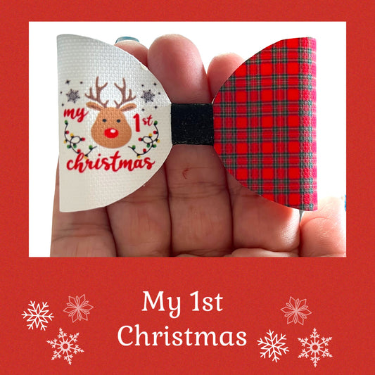 My 1st Christmas pre printed tartan canvas hair bow loops x 7