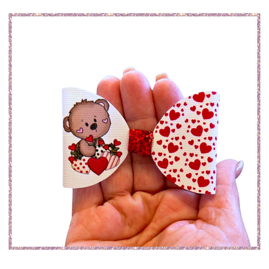 7 x Cutest Valentines bear pre printed canvas hair bows loops 3.5”