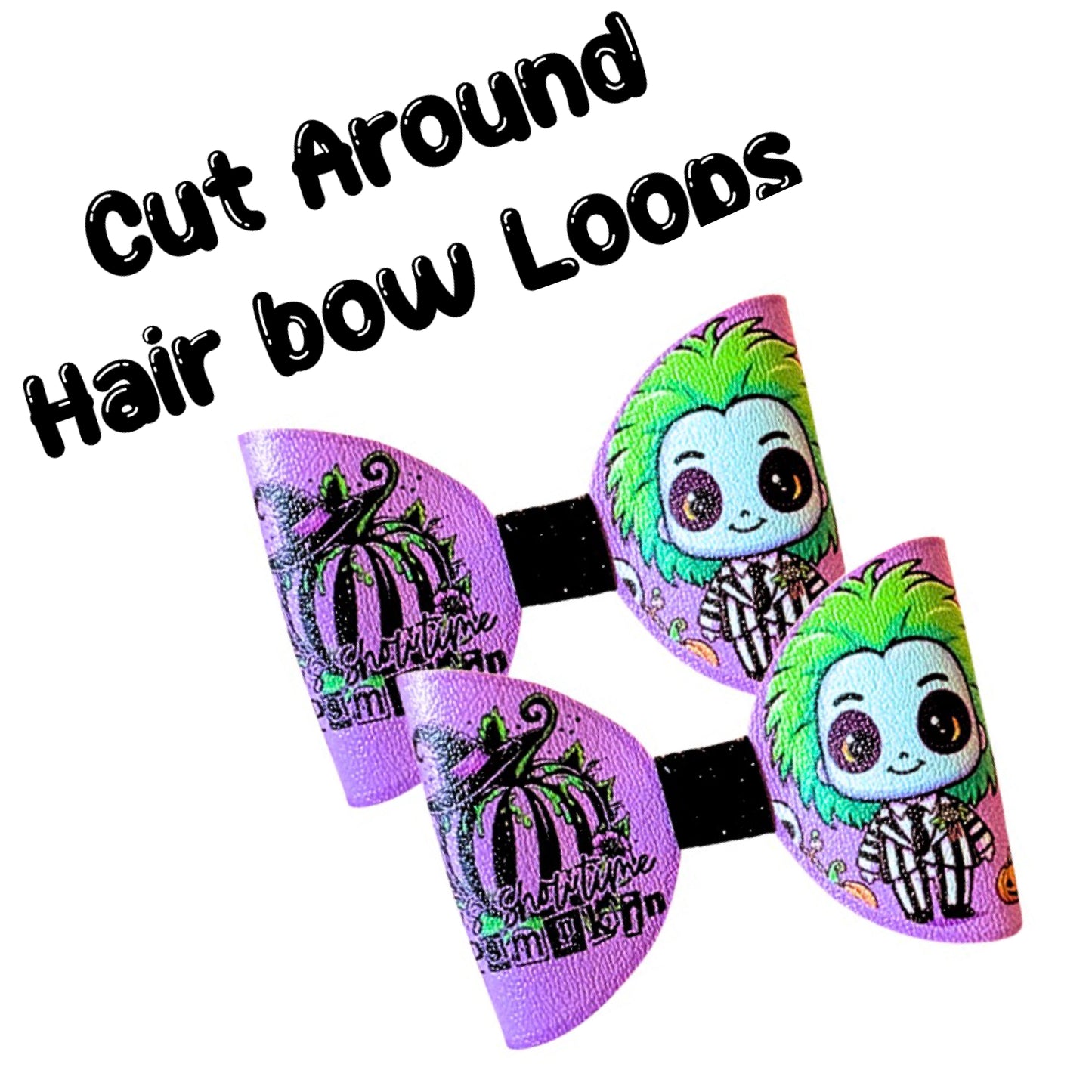 7 x Beetle juice themed cut around canvas hair bow loops