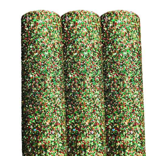 Green and red mixed chunky glitter fabric