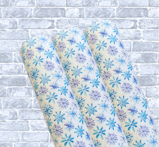 Frozen snowflake patterned smooth leatherette fabric