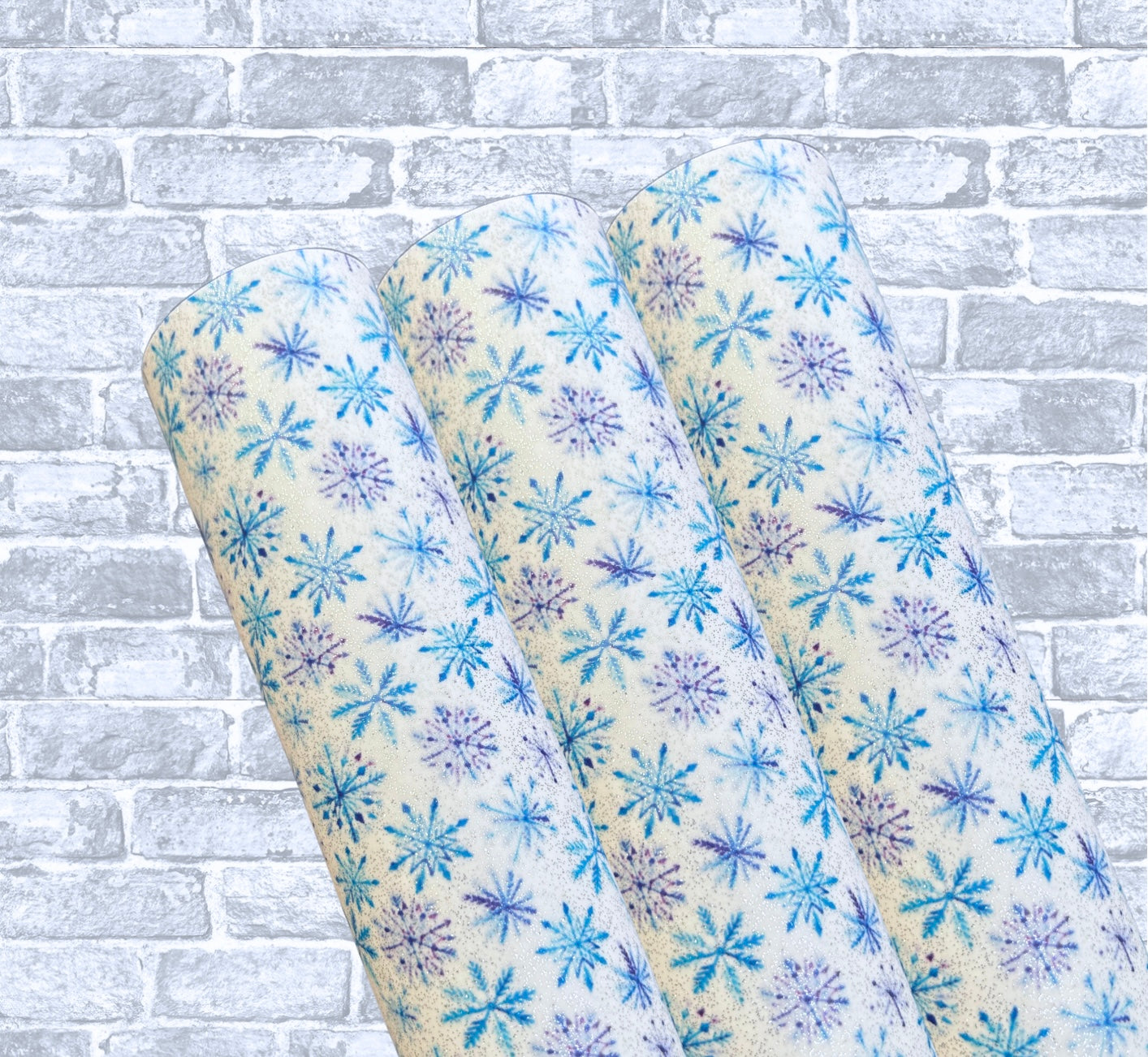 Frozen snowflake patterned smooth leatherette fabric
