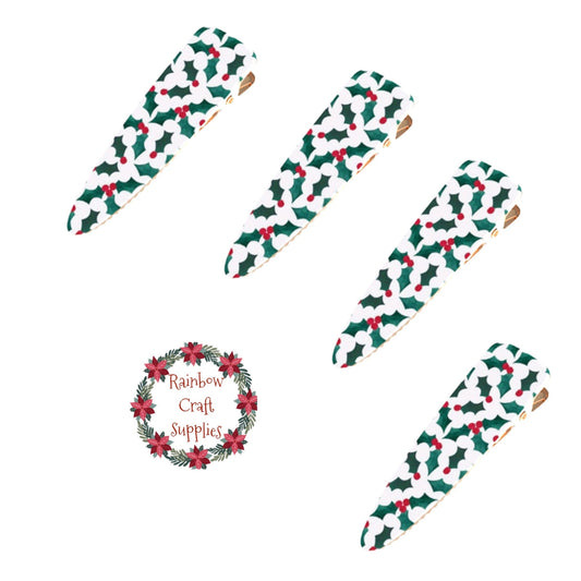 Christmas Holly patterned Gold slide alligator Hair Clips 5.5 x 1.5 cm