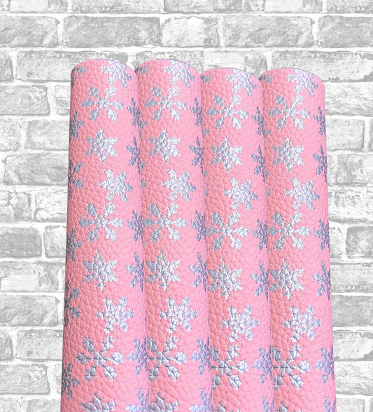 Baby pink snowflake patterned leatherette fabric