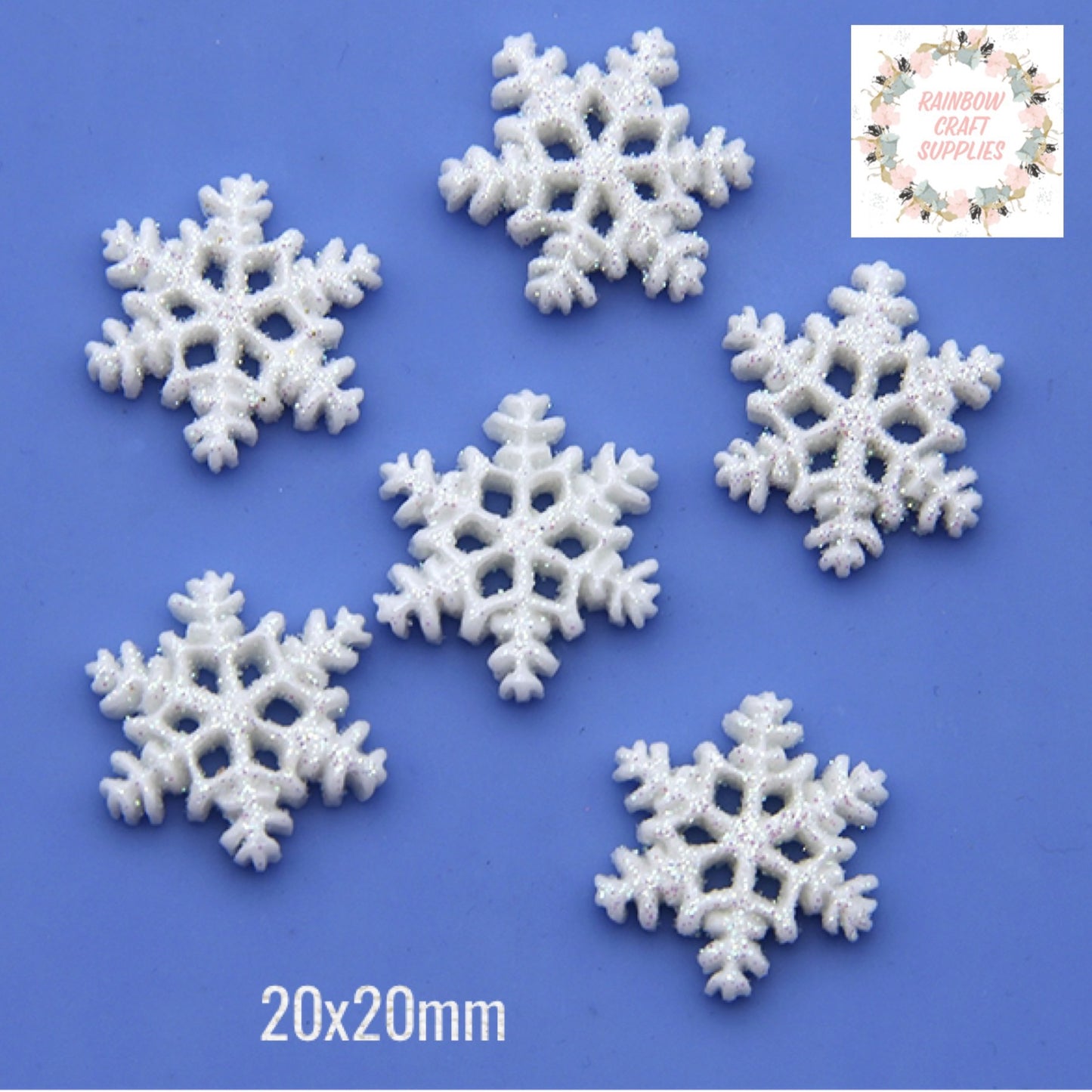 20mm White Glitter Covered Snowflake Resin Flatback x 5