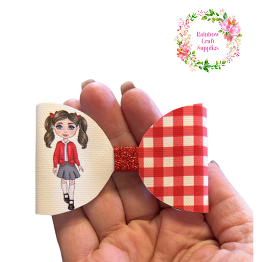 Red Gingham school girl pre printed canvas bow hair bow making sheet a4