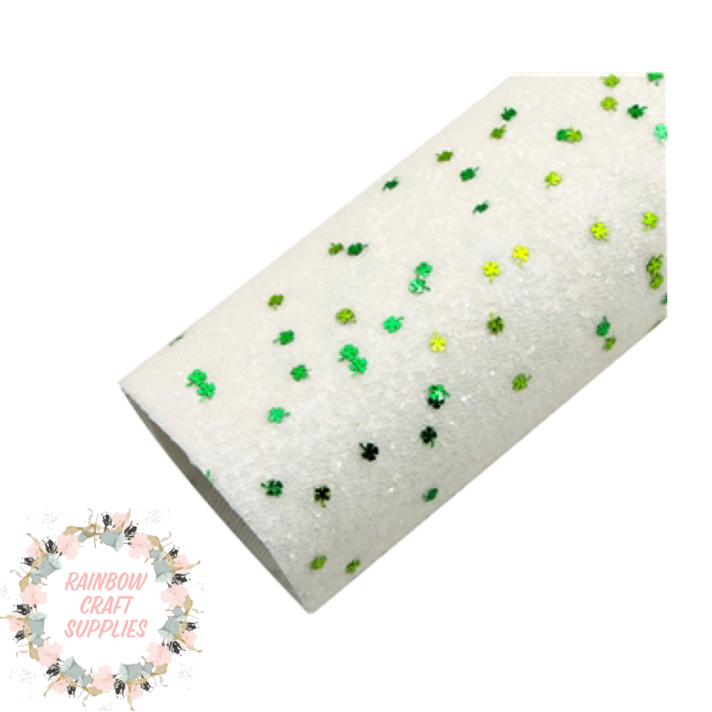 White & green clover sequinned  Chunky glitter fabric