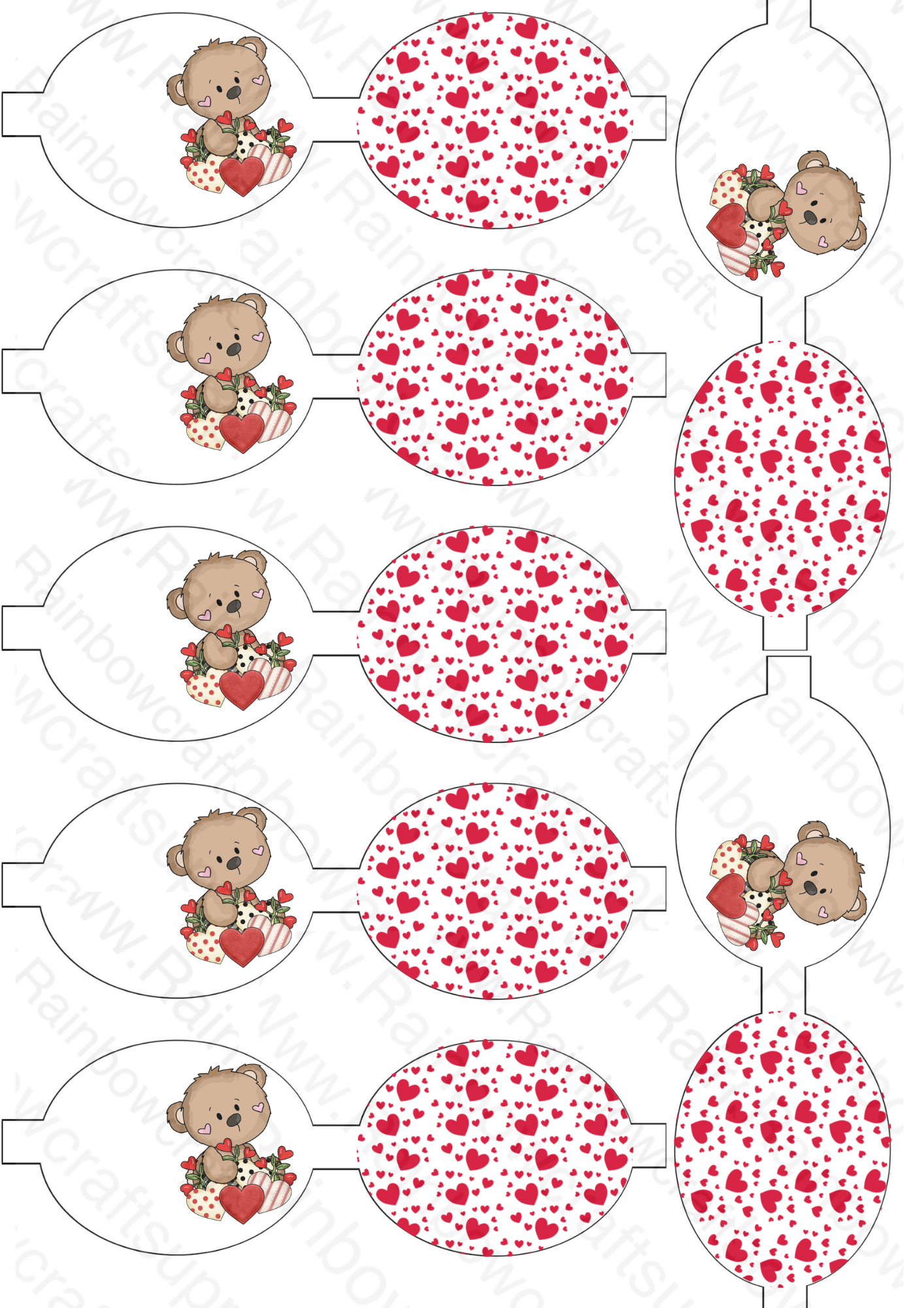 7 x Cutest Valentines bear pre printed canvas hair bows loops 3.5”