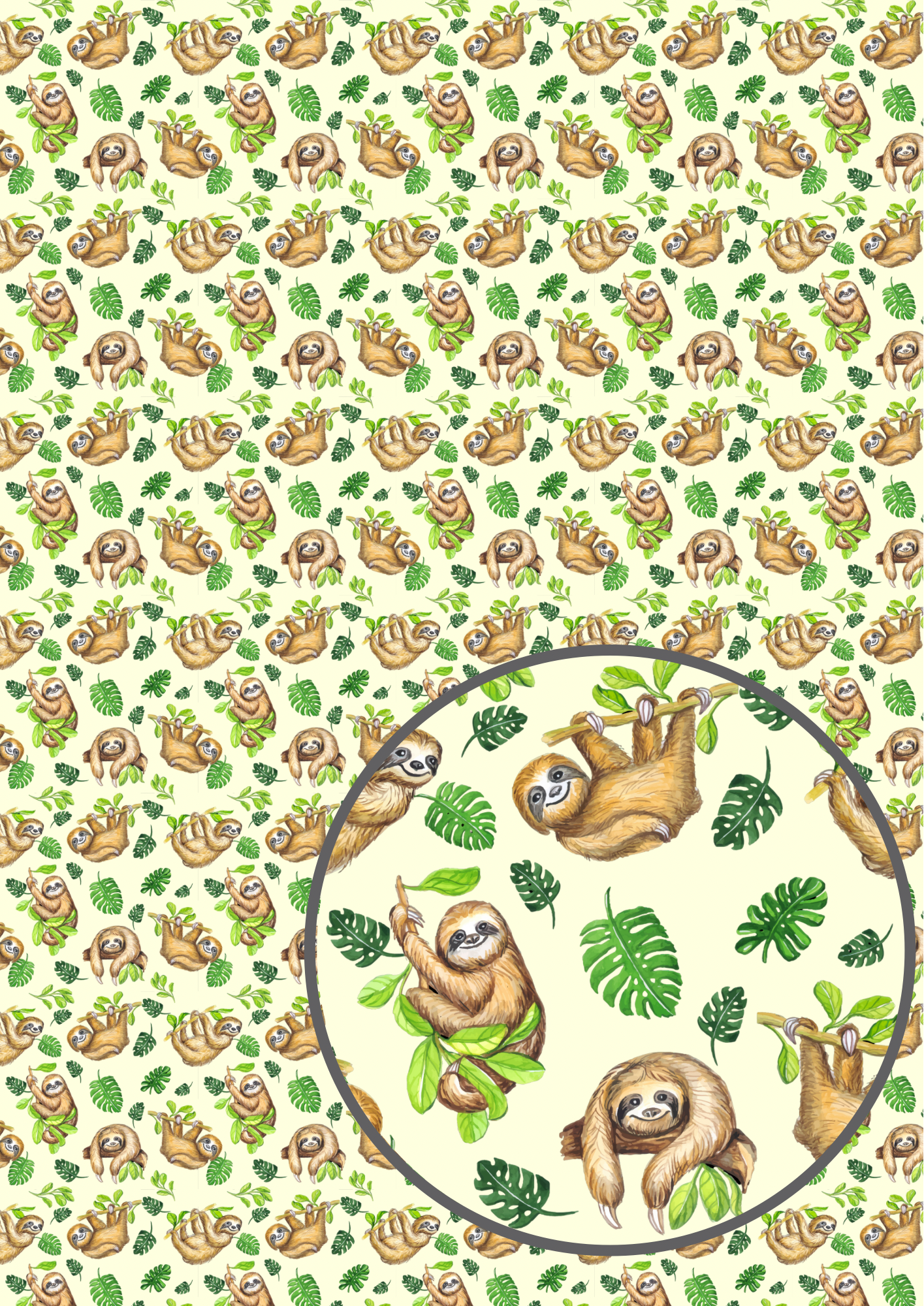 Lazy sloth themed leatherette fabric in house printed A4