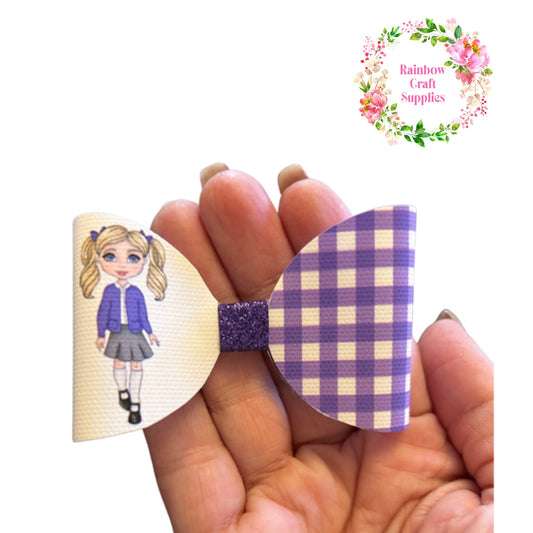 Purple Gingham school girl pre printed canvas bow hair bow making sheet a4