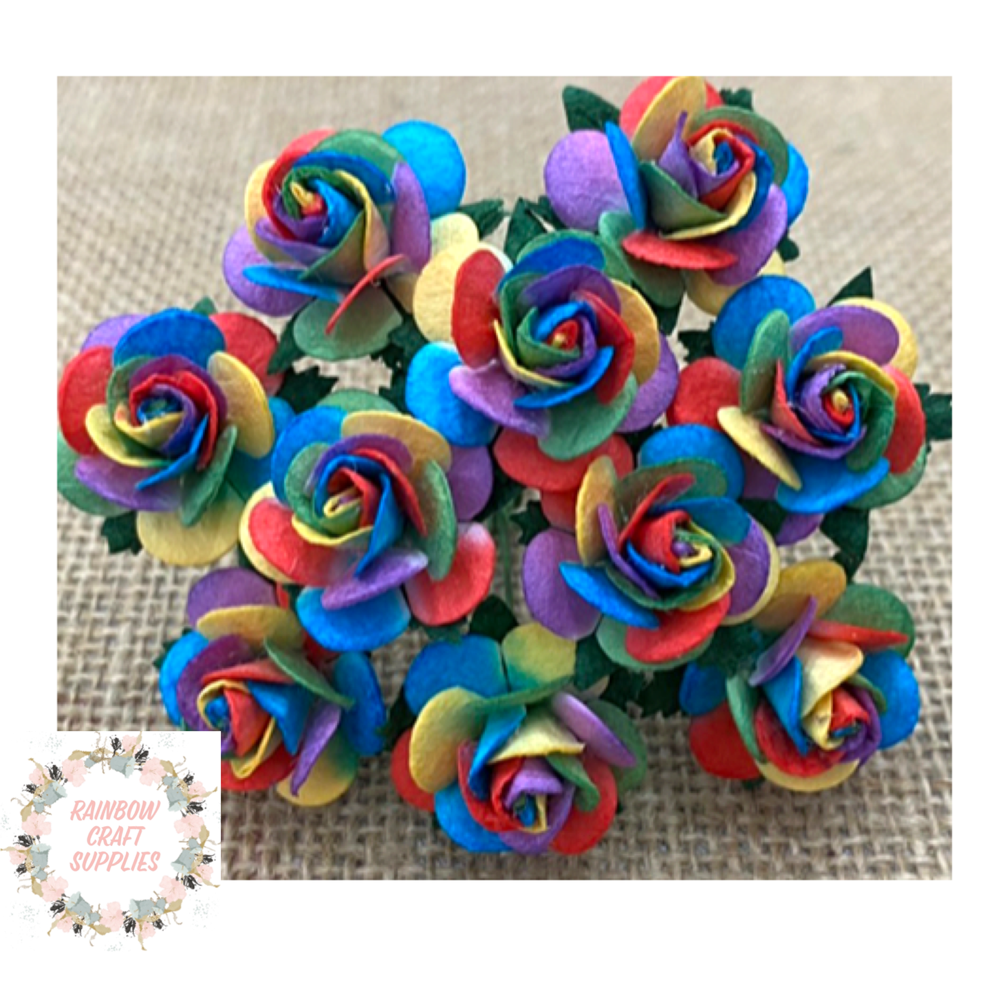 Mulberry open roses 15mm bright  rainbows x 10 heads