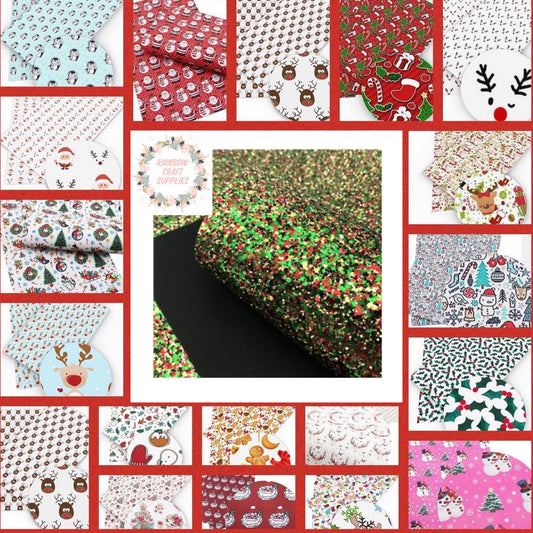 10 piece Random Christmas themed glitter, canvas , jelly, velvet , fur leatherette set