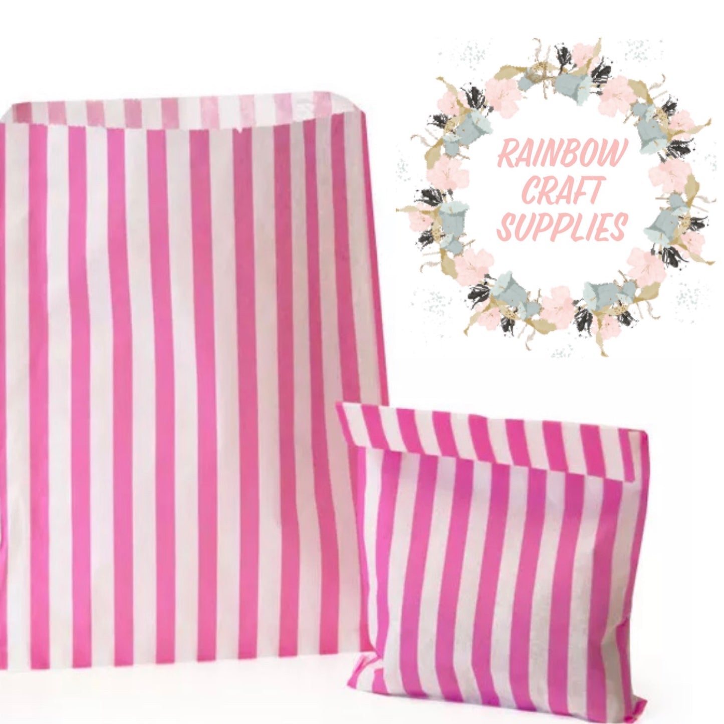 10 x pink stripe lucky dip / craft fair paper bags 7 x 5”