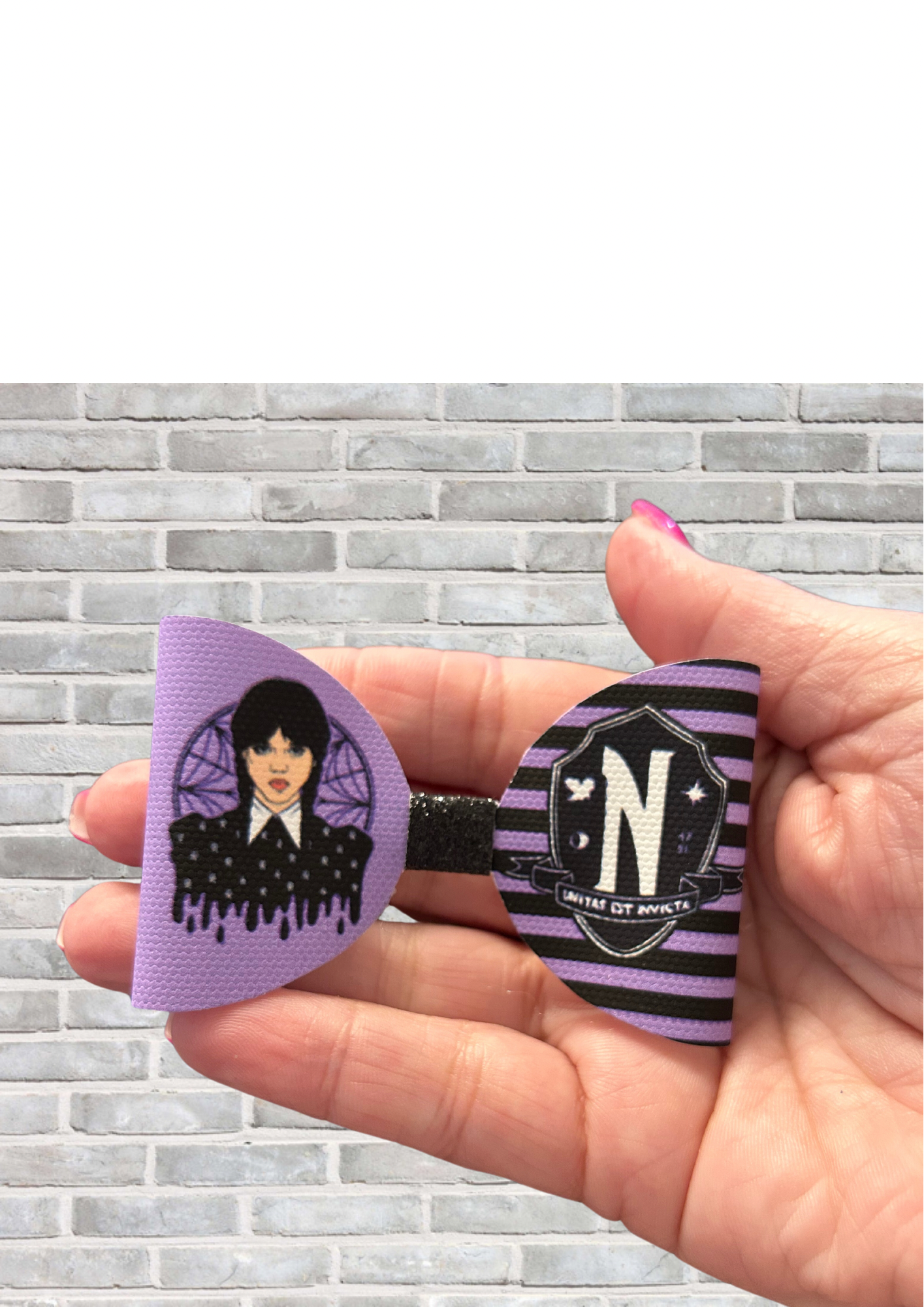 Nevermore Wednesday themed patterned canvas bow loops