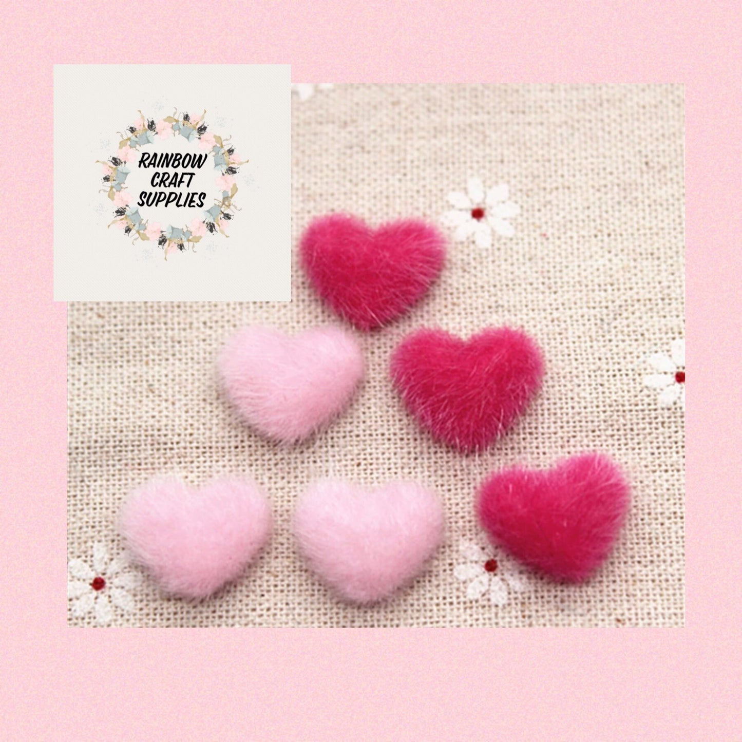 Pink fluffy heart flatbatback Embellishments x 5