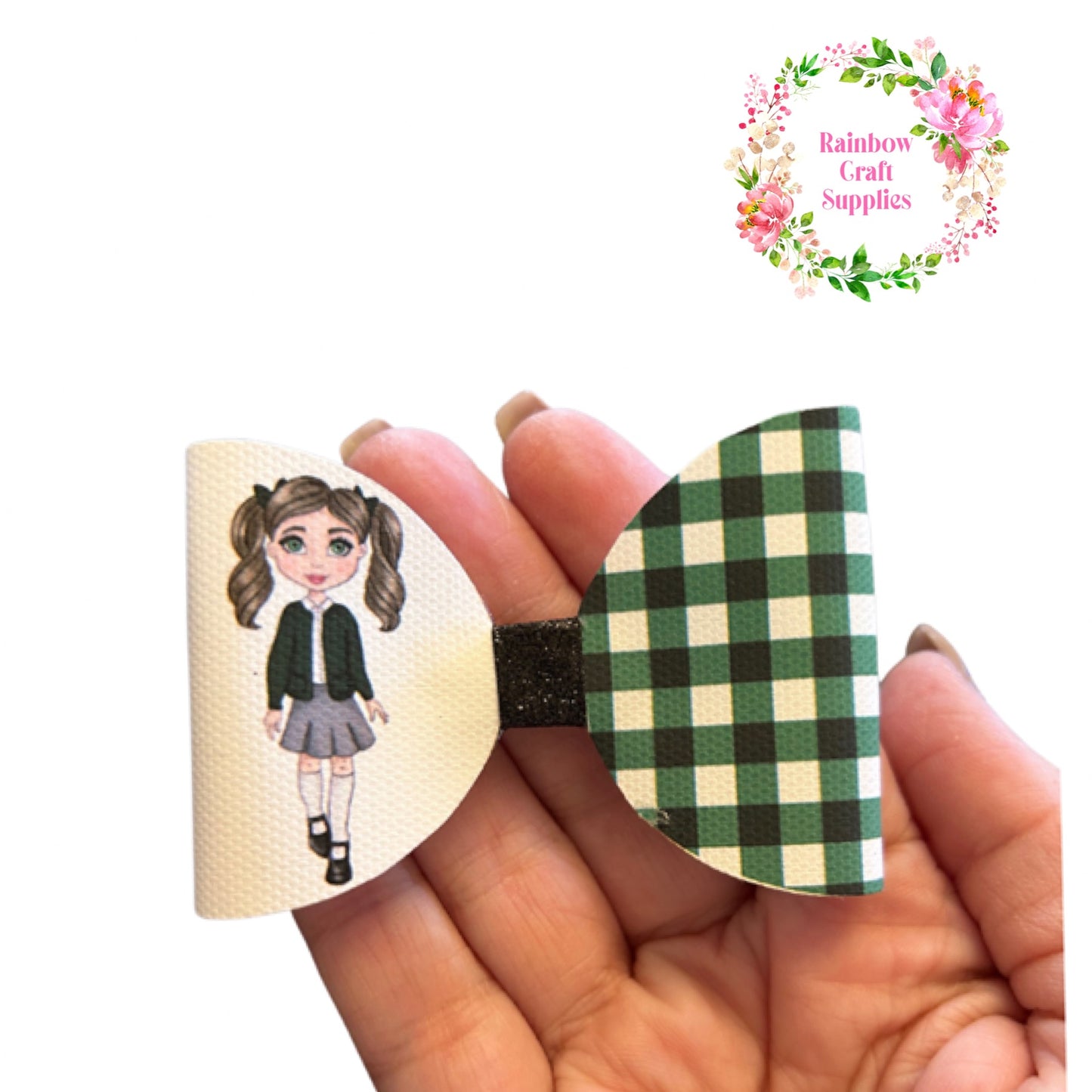 Dark green Gingham school girl pre printed canvas bow hair bow making sheet a4