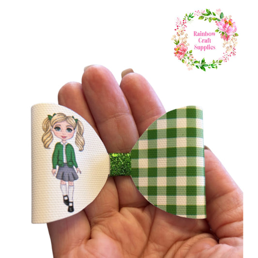 Green Gingham school girl pre printed canvas bow hair bow making sheet a4