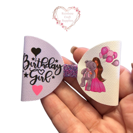 Birthday girl themed printed canvas bow loops x 7