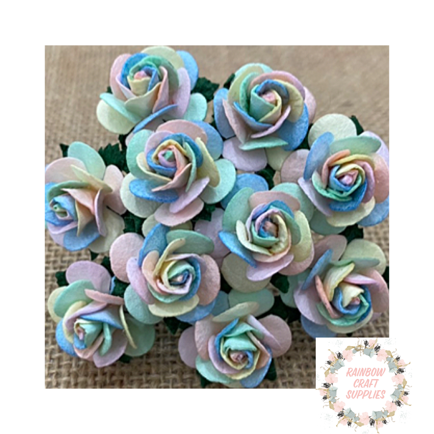 Mulberry open roses 15mm pastel rainbows x 10 heads