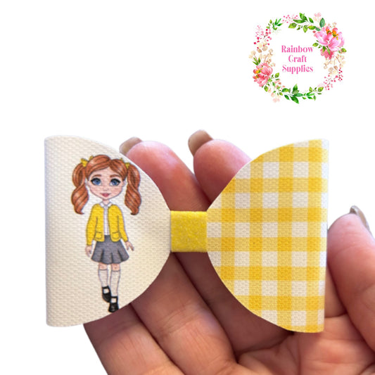 Yellow Gingham school girl pre printed canvas bow hair bow making sheet a4
