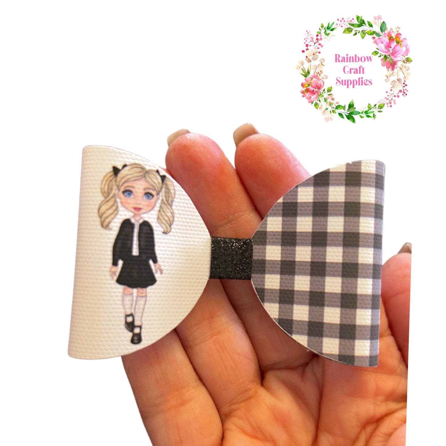 Black Gingham school girl pre printed canvas bow hair bow making sheet a4