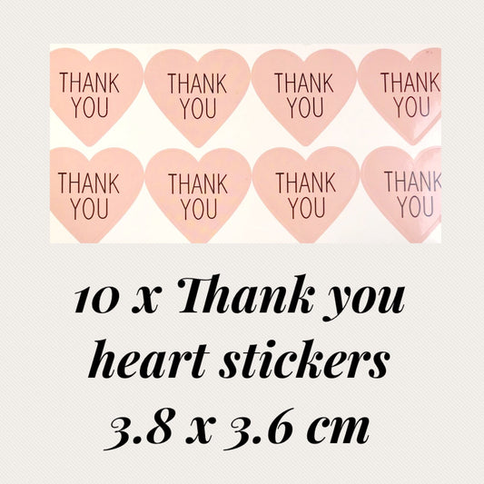 10 x Thank you heart  stickers 3.8 x 3.6 cm